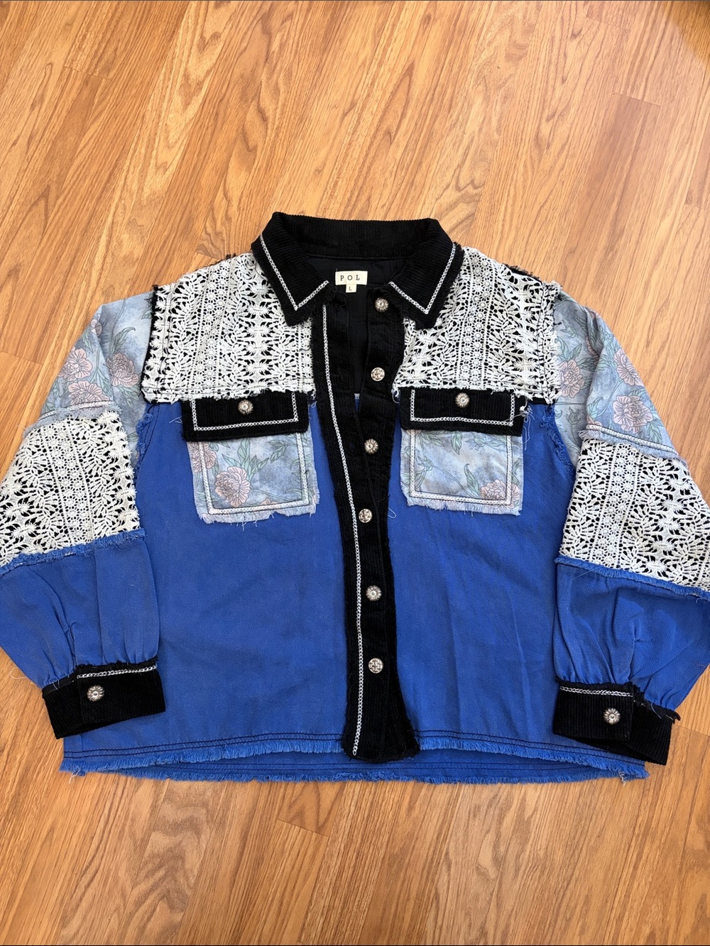 POL Kids Royal Blue Mixed-Media Jacket with Black Trim and White Crochet
